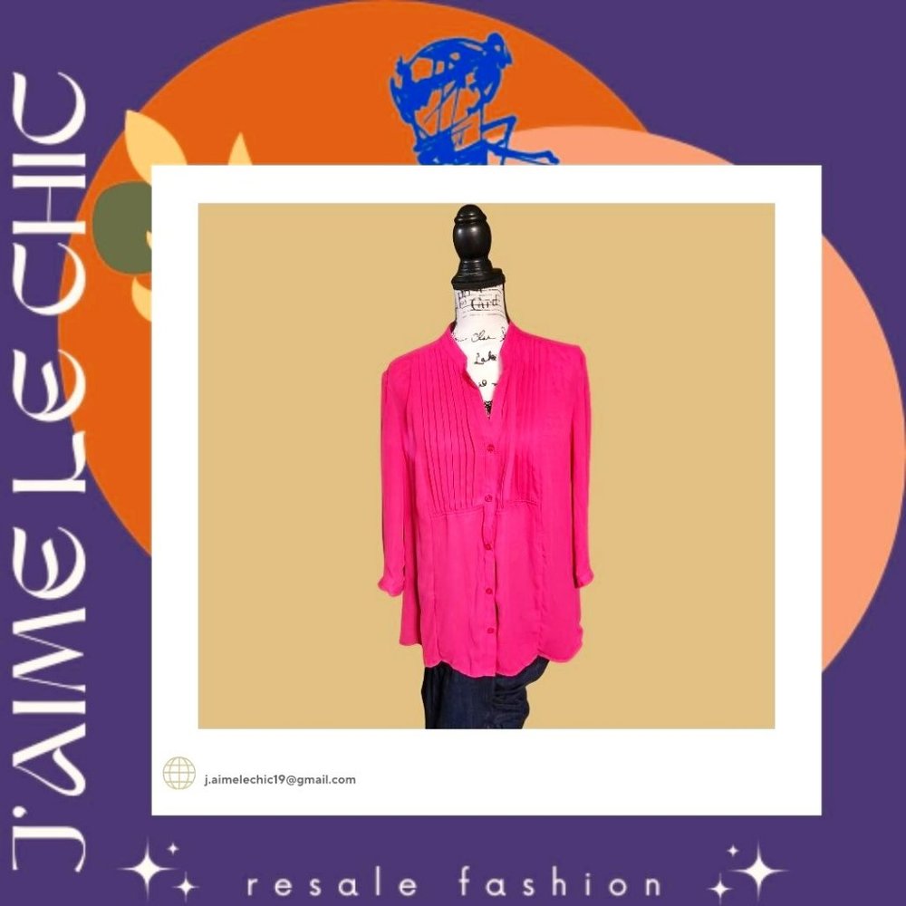 Christopher & Banks Line Ruffles Front Design Magenta 3/4 Sleeve Button-Up